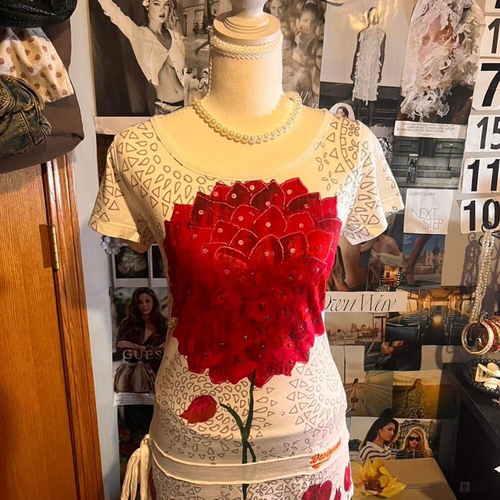 Desigual Women's T Shirt with red floral graphics